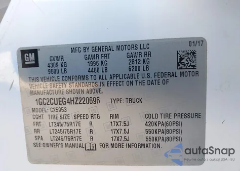 2017 Chevrolet Silverado 2500Hd Wt z USA, uszkodzony, nr VIN 1GC2CUEG4HZ220696